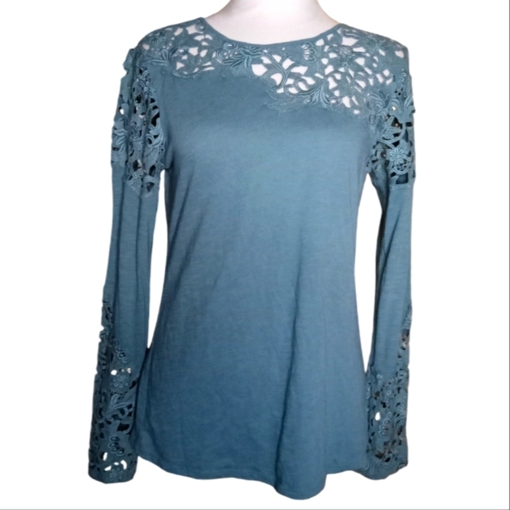 Sundance Teal Lace Lovelier Days Long Sleeve Cotton Blend Blouse Size XS